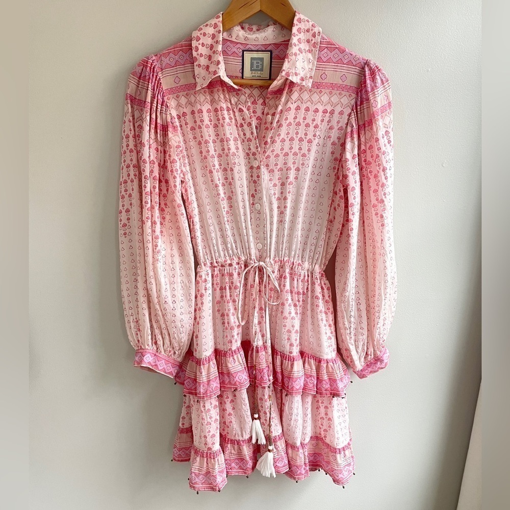 Alicia Bell Bailey Tiered Mini Dress Pink Block Print Long Sleeve, XS